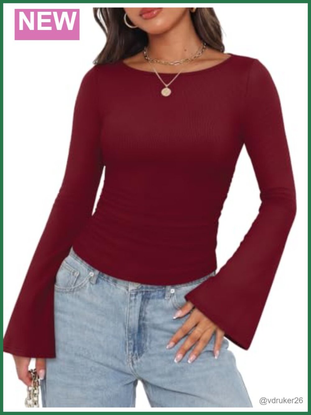 Womens Ribbed Knit Boat Neck Bell Sleeve Ruched Fitted Long Sleeve Top